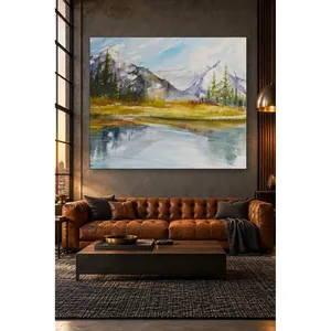 Impresión en lienzo de Fida con diseño de lago de montaña y pines en acuarela - Product Image 3