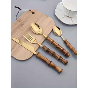 Cubiertos de Acero Inoxidable, Juego de Cubiertos con Mango de Madera, Ideal para Cocina, Mesa, Hotel, Uso Doméstico, 4 Cucharas, Tenedor, Cuchillo, Chapado en Oro - Product Image 1