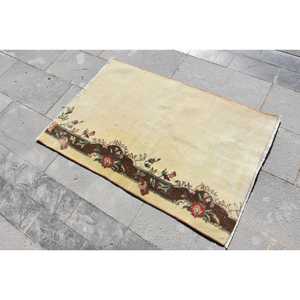 2.6x3.9 ft Vintage Small Rug, <b>Yellow</b> Brown Turkish Floral <b>Wool</b> Rug - Product Image 1