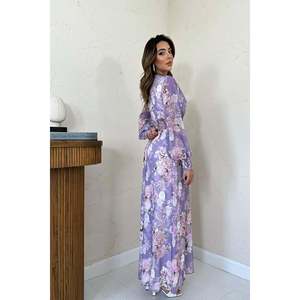 Vestido Midi de Gasa con Volantes Tejidos en Color Lila Sólido para Otoño - Product Image 6