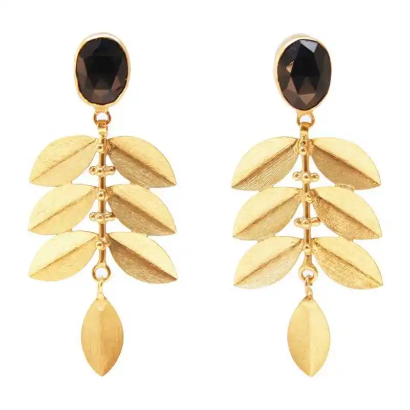 Designer Black Onyx Leaf Design Onyx Gemstone 925 Sterling Silver Gold Plated Earring