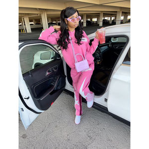 Custom Women <b>Pink</b> Cropped Hoodie Flare Pants <b>Tracksuit</b> Cotton Fleece Two Piece Trackstar OEM Private Label - Product Image 2
