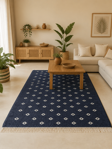 Alfombra Dhurrie de Algodón Azul Marino Hecha a Mano, Alfombra Reversible con Diseño de Rejilla Marroquí y Flecos para Dormitorio o Sala de Estar - Product Image 1