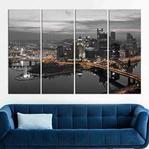 Impresión en lienzo de vista nocturna de Pittsburgh: arte mural de paisaje urbano moderno, JUEGO DE 4 LIEÑOS - Product Image 1