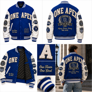 Custom Royal Blue & <b>White</b> <b>Men's</b> Hooded V-Neck Baseball Letterman <b>Jacket</b> Single Button Closure 100% Cotton/Wool Winter OEM/ODM - Product Image 4