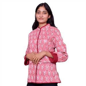 Chaqueta acolchada de algodón de alta calidad para mujer, chaqueta acolchada de algodón suave con estampado de bloque de mano, a la venta - Product Image 5