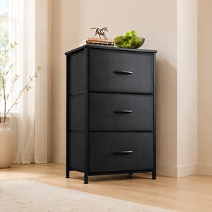 <span class=keywords><strong>Commode</strong></span> de rangement en tissu <span class=keywords><strong>noir</strong></span> avec 4 tiroirs, structure en acier <span class=keywords><strong>et</strong></span> plateau en <span class=keywords><strong>bois</strong></span> pour chambre à coucher - Product Image 1