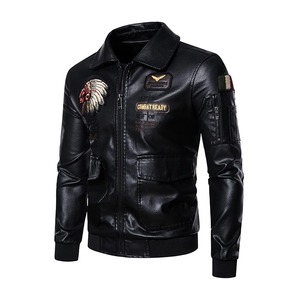 Veste en toile brodée en cuir véritable pour homme Veste de moto coupe-vent imperméable automne hiver - Product Image 1