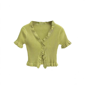 เสื้อถักลายทางผู้หญิงแบบสั้น แขนสั้น ทรงเข้ารูป ไม่เป็นขุย ผลิตตามสั่ง ปี 2025 ผ้ายืดผสมสแปนเด็กซ์/โพลีเอสเตอร์ ดีไซน์ใหม่ - Product Image 2