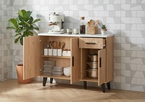 Mueble de Cocina Moderno de Madera de Roble, Aglomerado de 120L, Aparador, Alacena con Tapa de Mármol Blanco y Cajón - Product Image 2