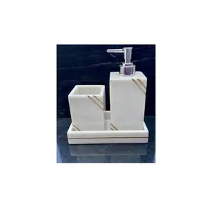 Luxury marble bathroom set square shape white stone and marble golden design soap dispenser and toothpaste holder