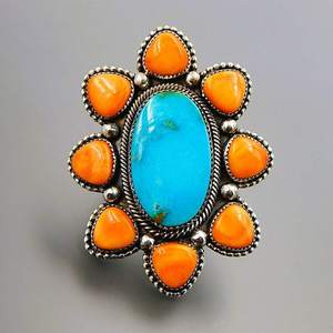 Turquoise Spiny Oyster Sterling Énorme Cluster Bague Pierre Précieuse Naturelle Argent Cadeau Pour Femme Pour Anniversaire Et Anniversaire - Product Image 6