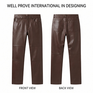 Luxury Dark Blue <b>Faux</b> <b>Leather</b> Pants 450 GSM Vertical Paneled Slim Fit <b>Trousers</b> Custom Engraved Metal Logo - Product Image 4