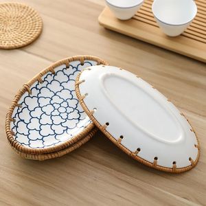 LAN Assiette de rangement en céramique de rotin tressé Assiette en art