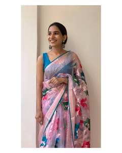 Sari de seda suave de diseñador indio, ropa informal y Sari de fiesta, Sari de trabajo de bordado, Sari de ropa de boda de diseñador. - Product Image 1