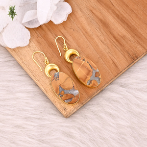 Pendientes colgantes chapados en oro amarillo de jaspe Malinga, joyería de latón de moda hecha a mano para bodas - Product Image 5
