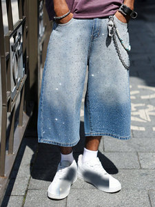 <b>Men's</b> Rhinestone Acid Wash Denim Jorts Oversized Streetwear Baggy Fit Hip Hop <b>Knee</b> <b>Length</b> <b>Shorts</b> Summer Custom Bling Fashion - Product Image 5