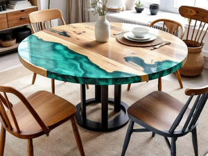 Table à manger ronde en bois d'acacia en résine artisanale moderne de luxe, imperméable pour Diwali, mariage, retraite, condoléances - Product Image 6