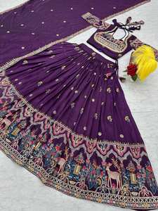 Elegante pesado puro Vichitra completamente cosido listo para usar indio paquistaní Lehenga Chaniya Choli Set Trending Purple Wine Color - Product Image 6