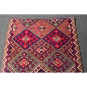 Vintage Kilim <b>Runner</b> Rug 3.1x13.1 ft (94x399 cm), Turkish <b>Red</b> Striped Wool Rug - Product Image 4