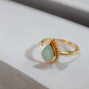 แหวนพลอยคาลซิโดนีสีเงินสเตอร์ลิง925ออกแบบทำด้วยมือเครื่องประดับอัญมณีเหลี่ยมเพชรพลอยธรรมชาติลูกแพร์ตัดทองแหวน - Product Image 3