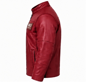 Chaqueta de Cuero Sintético Roja para Hombre, Estilo Motero, Cuello Alto, Cierre de Cremallera, Corte Ajustado, para Otoño - Product Image 4