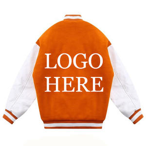 Venta al por mayor logotipo personalizado de lana de chenilla bordado béisbol Letterman chaquetas hombres Vintage en blanco naranja cuero manga Varsity chaqueta - Product Image 4