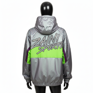 Veste coupe-vent en polyester métallisé 190 GSM pour femmes, panneaux argentés, verts et violets, avec logo personnalisé par transfert thermique, veste pour femmes - Product Image 2