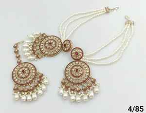 MOTIPEARL OVALSHAPE INDIEN PLAQUÉ OR BOUCLE D'OREILLE TRADITIONNELLE GOUTTE & PIERRE AVEC CHAINE MOTIPEARL & MANGTIKKA SET FEMME & FILLE - Product Image 6