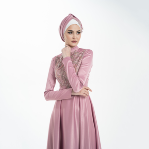 Vestido modesto islámico con tocado Rosa Canna fucsia Slim Fit Abaya vestido con bordado para mujer del fabricante - Product Image 1