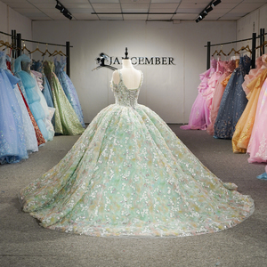 Robe de bal Quinceañera élégante vert menthe à imprimé floral, avec perles, appliques et cristaux, taille naturelle, sans manches, modèle 6967 - Product Image 3