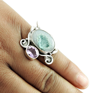 แหวนเงินแท้925สีเงินธรรมชาติสีม่วงอเมทิสต์หินดรูซี่ดีไซน์ไม่เหมือนใครเครื่องประดับแฮนด์เมดสำหรับงานเลี้ยงวันเกิด - Product Image 2