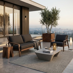 Ensemble de meubles de jardin en teck noyer foncé avec coussins en tissu Cartenza noir, canapé et fauteuil, pour aménagement de patio, design artistique pur - Product Image 2