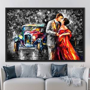 Vintage Car Kissing Couple: Printed Canvas Artwork for Romantic Decor,1P:Black <b>Framed</b> - Product Image 1