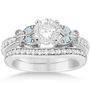 Ensemble de mariage papillon en diamant et aquamarine, palladium (0,42 ct), or rose, tendance pour cadeau de fête, avec zircon, topaze, platine - Product Image 4