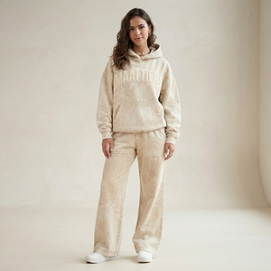 Ensemble sweat à capuche oversize beige délavé et pantalon de survêtement large pour femme, en molleton de coton, style streetwear, OEM ODM - Product Image 1