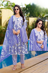 Ensemble Kurti moderne 3 pièces en pur coton brodé pour adultes vêtements indiens et pakistanais imprimés pour les fêtes - Product Image 4