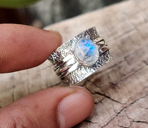 Cầu Vồng Moonstone 925 Sterling Silver Nhẫn Handmade Engagement Fidget Tim Spinner Vàng Rhodium Mạ Thiền Nhẫn - Product Image 2