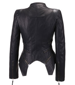 Chaqueta de motorista de moda de Invierno para mujer, cuero genuino, detalle de tachuelas, cuello levantado, cierre de cremallera, patrón sólido, forma perfecta - Product Image 6