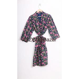 Bata Kimono Corta Kantha Vintage Hecha a Mano, Abrigo de Edredón Indio con Patrón Floral de Lujo, Chaqueta Suave de Invierno, Camisón de Otoño con Cuello en V - Product Image 5