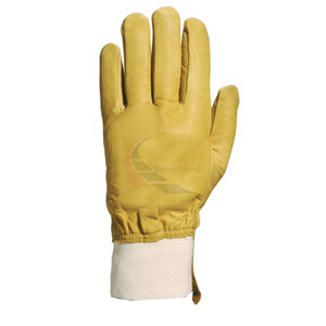 PK Highest Quality Safety Driver Work Gloves Grain Leather <b>Back</b> Cow Split Leather with Brown Piping Anti-Slip 10-inch 11 oz - Product Image 2