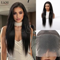 Perruque complète en cheveux humains noirs lisses, longue perruque à dentelle frontale transparente pour usage quotidien