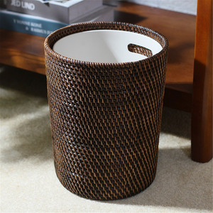<b>Rattan</b> Woven Storage Tube Trash Storage <b>Basket</b> Cylinder with Liner Desktop Waste Paper Bucket Light Luxury Nordic Japanese Home - Product Image 5