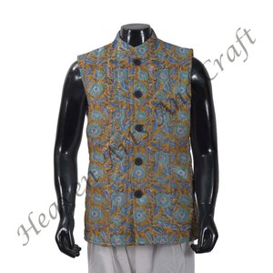 Indian Hand Block Printed Floral Quilted Jacket For Men's All Seasons Casual Button Decoration Style Block Print Cotton Jacket - Product Image 1