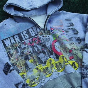 ผู้ผลิตเสื้อผ้าผู้ชายขายส่ง 350% GSM เสื้อฮู้ดดี้แบบซิป พิมพ์ลายสกรีน เสื้อฮู้ดดี้แบบทำเก่า ประดับคริสตัล - Product Image 6