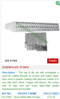 GS 216A Plaque à vis en acier inoxydable avec 19 tarauds Nouvel état Outils et équipement de bijouterie pour la fabrication de beaux bijoux