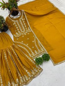 Heavy Party Festival Wear Faux Georgette Top And Gharara Set Heavy Sequence Broderie & Perles Work Top With Gharara & Dupatta - Product Image 4
