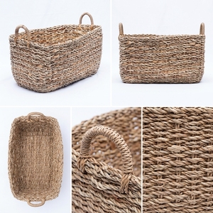 Natural Water Hyacinth Seagrass <b>Storage</b> <b>Basket</b> <b>Rectangular</b> Bin Chunky Braid Arch Handle Table Planter Pure Art Setup Room Decor - Product Image 2