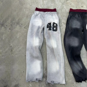 Pantalon de survêtement gris pour homme à taille élastique avec imprimé numéro 48, ourlet déchiré, style décontracté pour l'automne - Product Image 4