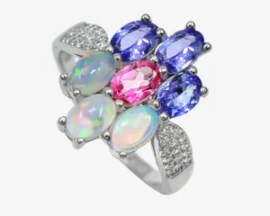 Natural Opal Tanzanite Fire Opal Pink Topaz Oval Multi Stone Ring 925 Sterling Silver Wholesale Statement Cluster Wedding Ring